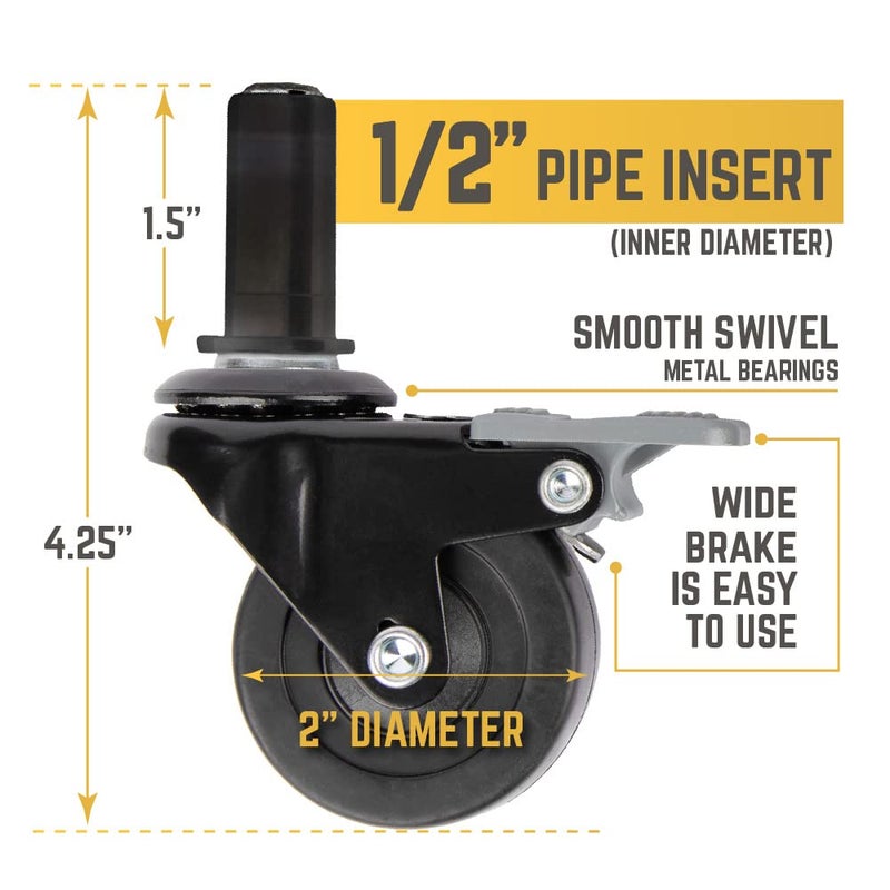 PIPE DECOR Swivel Caster Wheels for ½” Pipe (4-Pack), Casters for Pipe Legs with Locking Mechanism - Image 2